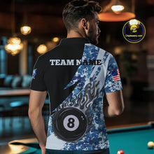 Load image into Gallery viewer, Man wearing personalized flame 8 ball pool military blue camo billiard polo shirt back view.