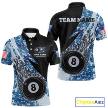 Load image into Gallery viewer, Personalized flame 8 ball pool military blue camo billiard team jersey polo shirt for men, custom pool league apparel and tournament jersey with military camouflage design.