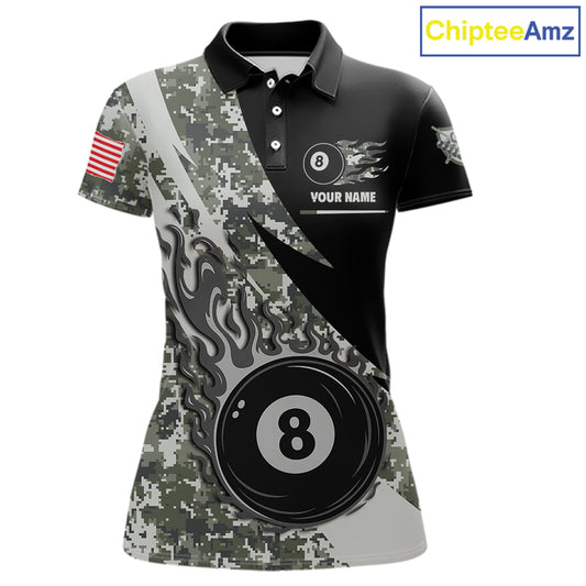 Personalized flame 8 ball pool military grey camo billiard team jersey polo shirt for women, custom pool league apparel and tournament jersey with military camouflage design.