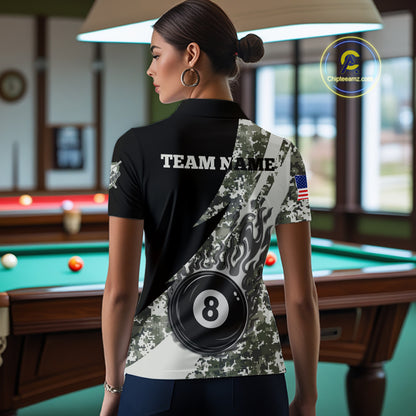 Woman wearing personalized flame 8 ball pool military grey camo billiard polo shirt back view.