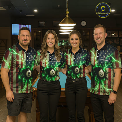 Green 8 Ball Lightning American Flag Billiard Shirt For Men Custom Patriotic Pool Team Jersey TDM5402