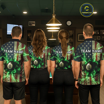 Green 8 Ball Lightning American Flag Billiard Shirt For Men Custom Patriotic Pool Team Jersey TDM5402