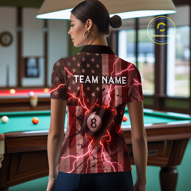 Red 8 Ball Lightning American Flag Billiard Shirt For Women Custom Patriotic Pool Team Jersey TDM5403