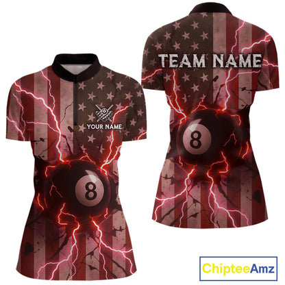 Red 8 Ball Lightning American Flag Billiard Shirt For Women Custom Patriotic Pool Team Jersey TDM5403