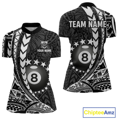 Custom black and white 8 ball pool tribal billiard team jersey quarter zip shirt for women featuring striking tribal graphics, premium billiard league apparel for tournament play.