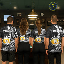 Load image into Gallery viewer, Billiard team wearing matching custom black and white 9 ball pool tribal team jerseys featuring detailed tribal graphics, back view.