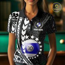 Load image into Gallery viewer, Woman wearing custom black and white 10 ball pool tribal billiard team jersey polo shirt featuring tribal artwork, front view.