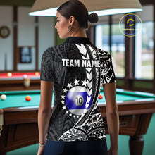 Load image into Gallery viewer, Woman wearing custom black and white 10 ball pool tribal billiard team jersey polo shirt featuring tribal artwork, back view.