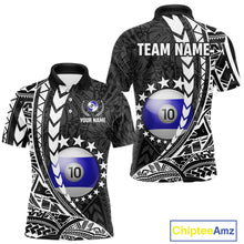 Load image into Gallery viewer, Custom black and white 10 ball pool tribal billiard team jersey polo shirt for men featuring detailed tribal artwork, premium custom pool league apparel for tournaments, league matches and competitive billiard teams.