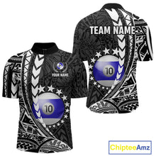 Load image into Gallery viewer, Custom black and white 10 ball pool tribal billiard team jersey quarter zip shirt for men featuring striking tribal graphics, premium billiard league apparel for tournament play.