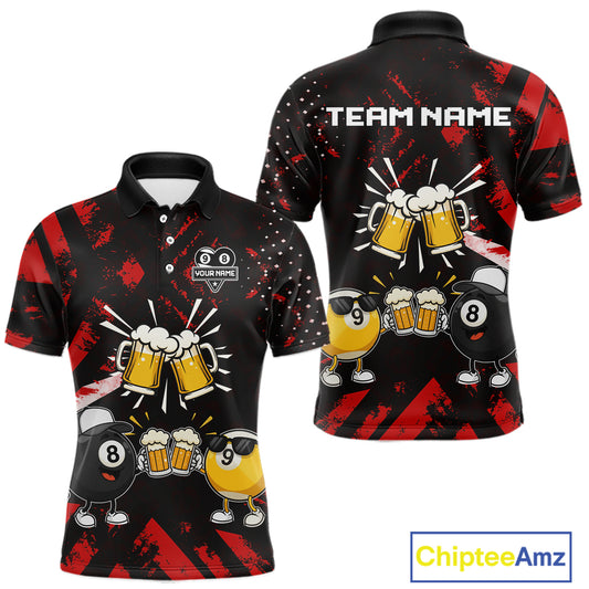 Black red funny beer 8 ball and 9 ball pool billiard team jersey polo shirt for men featuring a humorous beer-themed design, custom pool league apparel with premium performance fabric for tournaments and league competition.