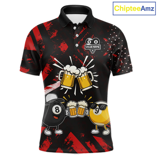 Black red funny beer 8 ball and 9 ball pool billiard team jersey polo shirt for men featuring a humorous beer-themed design, custom pool league apparel with premium performance fabric for tournaments and league competition.