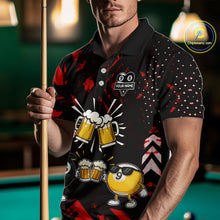 Load image into Gallery viewer, Man wearing black red funny beer 8 ball and 9 ball pool billiard team jersey polo shirt featuring the beer-themed artwork, front view.