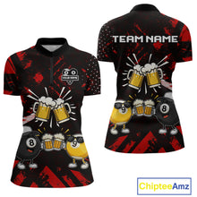 Load image into Gallery viewer, Black red funny beer 8 ball and 9 ball pool billiard team jersey quarter zip shirt for women featuring a funny beer design, custom billiard league apparel for competitive pool players.