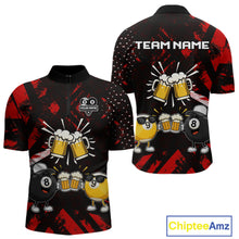 Load image into Gallery viewer, Black red funny beer 8 ball and 9 ball pool billiard team jersey quarter zip shirt for men featuring a funny beer design, custom billiard league apparel for competitive pool players.