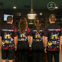 Load image into Gallery viewer, Billiard team wearing matching black red funny beer 8 ball and 9 ball pool team jerseys featuring the humorous beer design, back view.