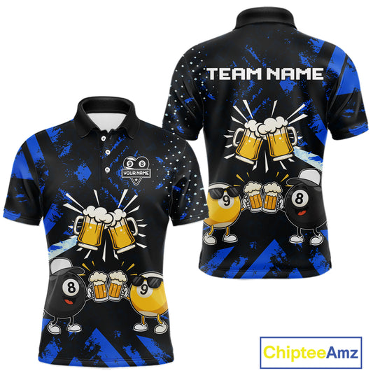 Black blue funny beer 8 ball and 9 ball pool billiard team jersey polo shirt for men featuring a humorous beer-themed design, custom pool league apparel with premium performance fabric for tournaments and league competition.