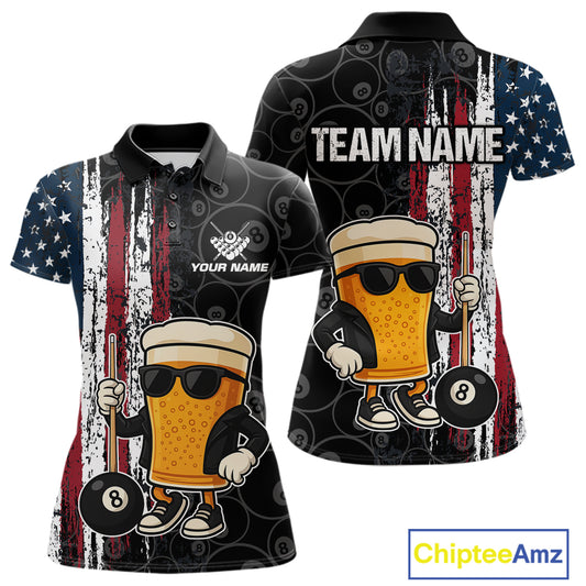 Vintage American Flag Funny Beer Billiard Shirt For Women Custom Patriotic 8 Ball Pool Team Jersey TDM5426