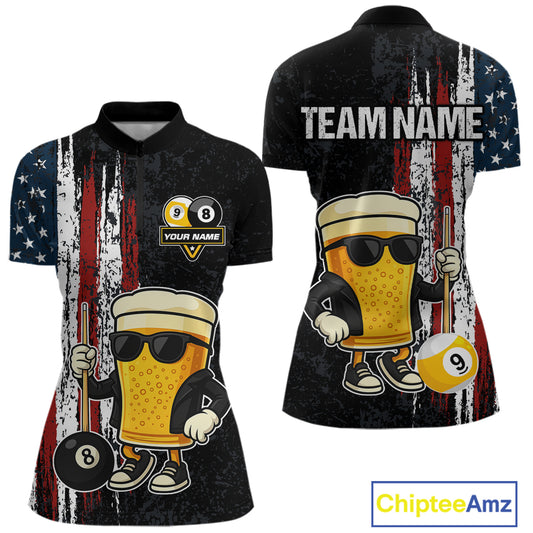 Funny Beer 8 Ball & 9 Ball American Flag Billiard Shirt For Women Custom Patriotic Pool Team Jersey TDM5427