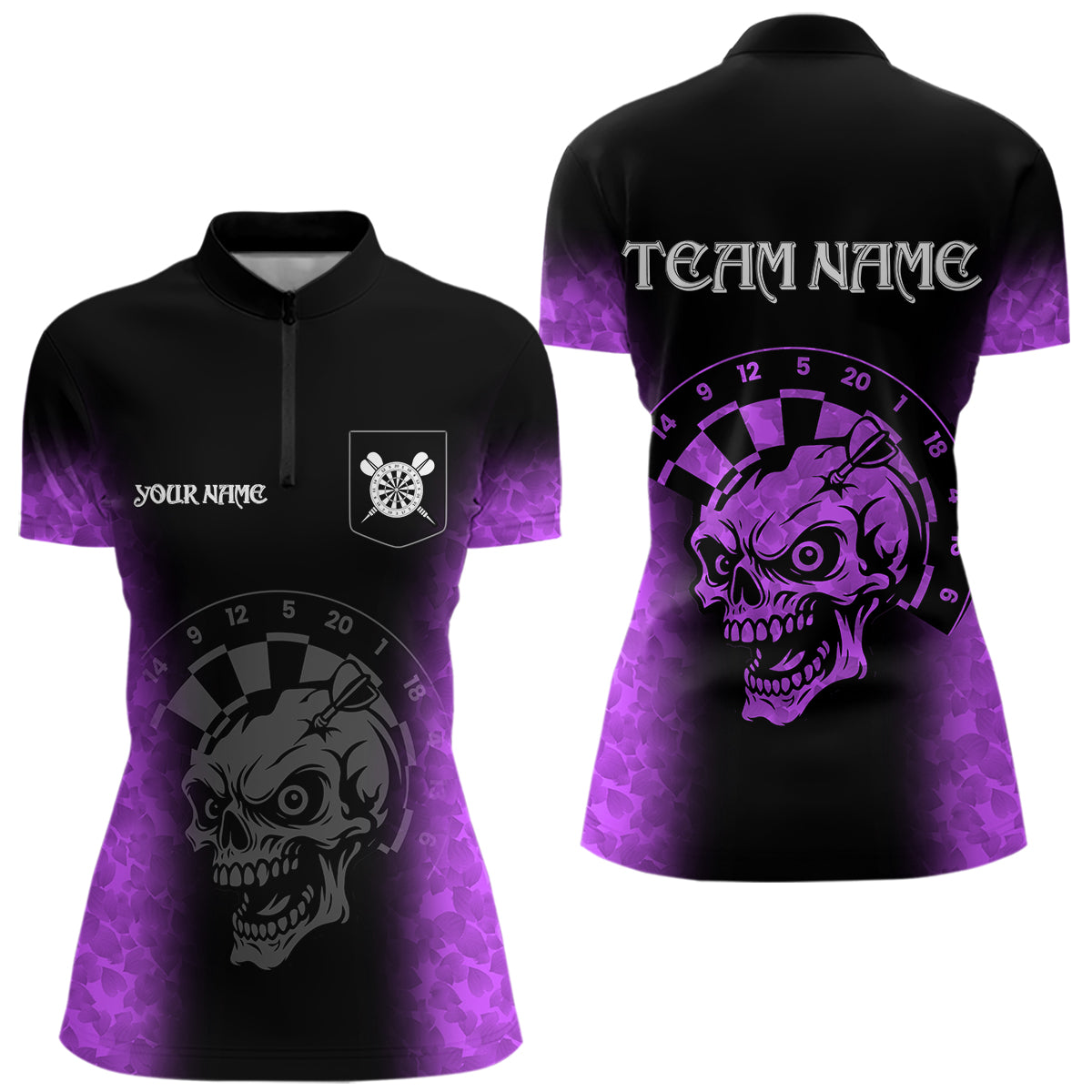 Black And Purple Custom Skull Darts Shirt For Women, Darts Jersey Pocket Option TDM5440