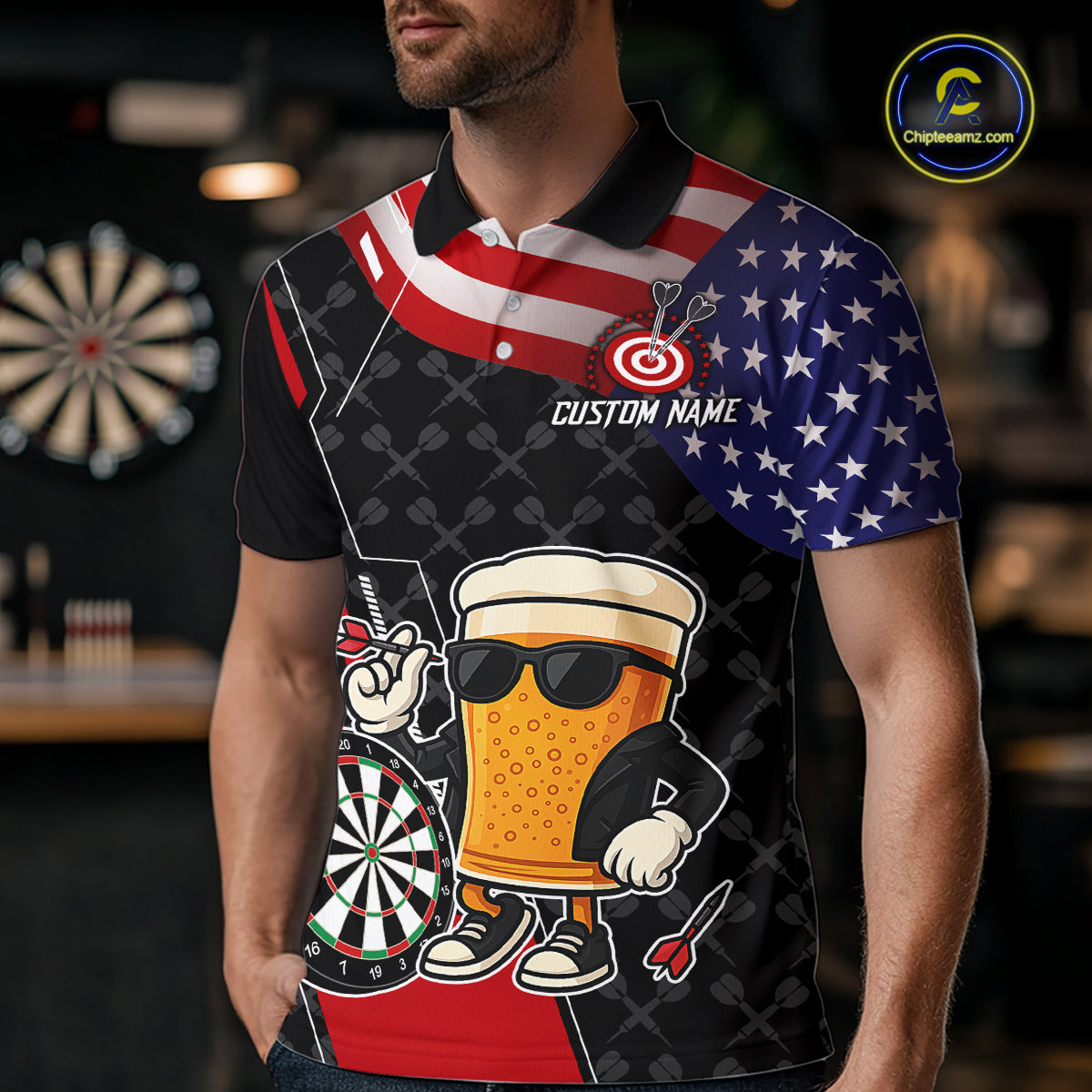 Funny Beer American Flag Darts Shirt For Men Custom Patriotic Darts Team Jersey Polo & 1/4 Zip TDM6062
