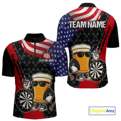 Funny Beer American Flag Darts Shirt For Men Custom Patriotic Darts Team Jersey Polo & 1/4 Zip TDM6062