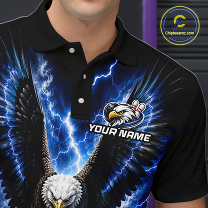 Close-up of a blue thunder lightning eagle bowling polo shirt collar, buttons, and eagle artwork.