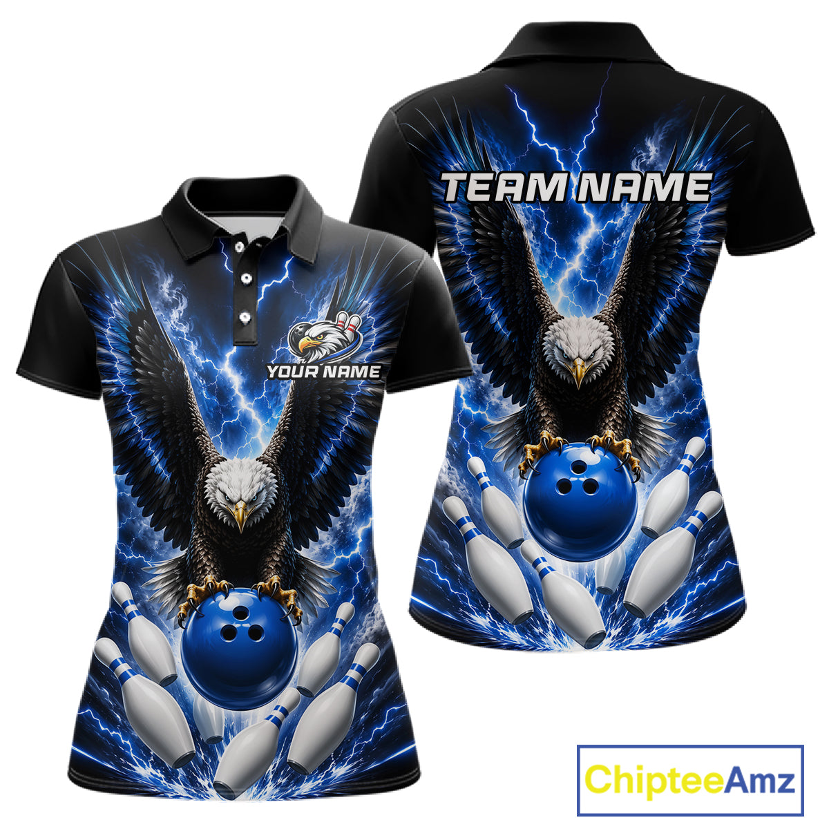 Blue thunder lightning eagle bowling polo shirt for women with custom bowling team graphics.