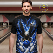 Load image into Gallery viewer, Man wearing a blue thunder lightning eagle bowling quarter zip jersey during league competition front view.