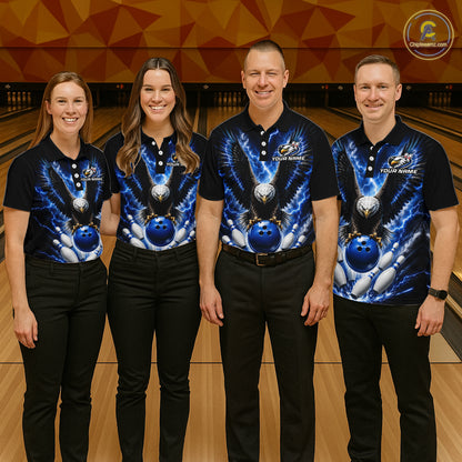 Bowling team wearing matching blue thunder lightning eagle bowling jerseys during tournament matches front view.