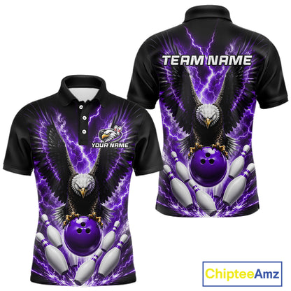 Purple thunder lightning eagle bowling polo shirt for men with custom bowling league graphics.