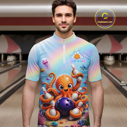 Man wearing a rainbow octopus ocean bowling quarter zip jersey during league competition front view.