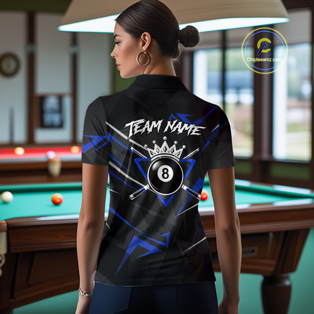 Black And Blue 8 Ball Crown Billiard Shirt For Women Custom Pool Team Jersey Polo & 1/4 Zip TDM5922