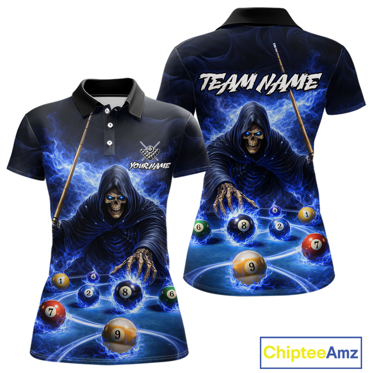 Blue Flaming Grim Reaper Billiard Shirt For Women Custom Pool Team Jersey Polo & Quarter Zip Shirt TDM5738