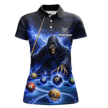 Load image into Gallery viewer, Blue Flaming Grim Reaper Billiard Shirt For Women Custom Pool Team Jersey Polo &amp; Quarter Zip Shirt TDM5738