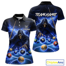 Load image into Gallery viewer, Blue Flaming Grim Reaper Billiard Shirt For Women Custom Pool Team Jersey Polo &amp; Quarter Zip Shirt TDM5738