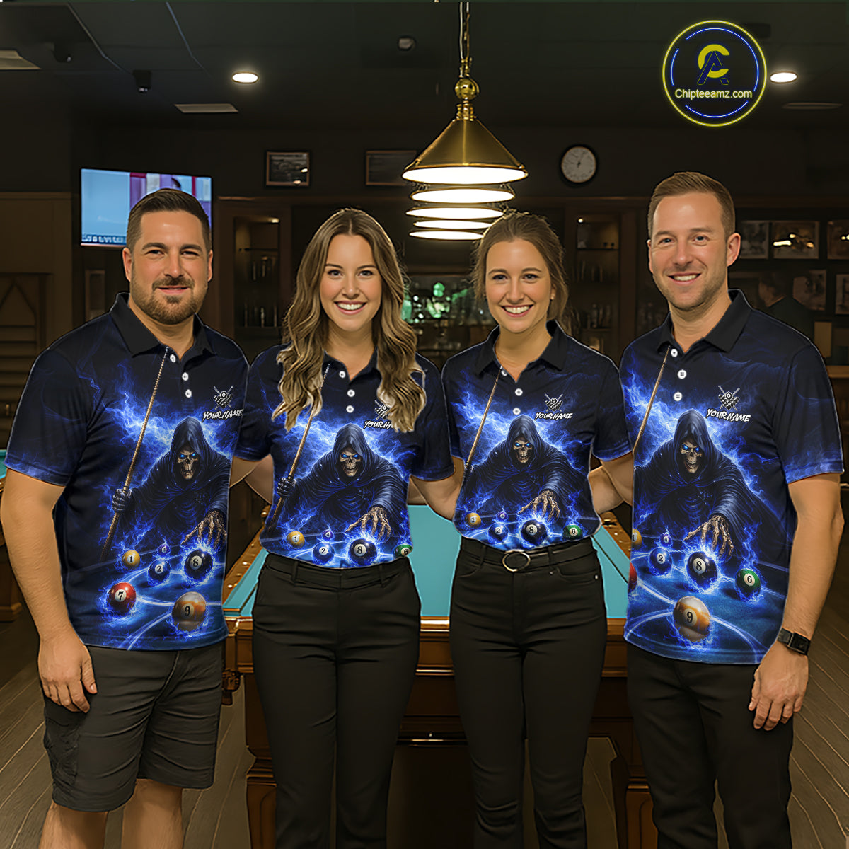 Blue Flaming Grim Reaper Billiard Shirt For Men Custom Pool Team Jersey Polo & Quarter Zip Shirt TDM5738