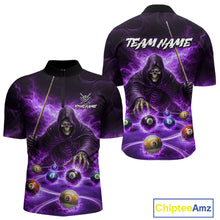 Load image into Gallery viewer, Purple Flaming Grim Reaper Billiard Shirt For Men Custom Pool Team Jersey Polo &amp; Quarter Zip Shirt TDM5739