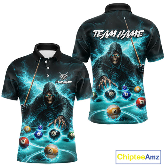 Turquoise Flaming Grim Reaper Billiard Shirt For Men Custom Pool Team Jersey Polo & Quarter Zip TDM5740