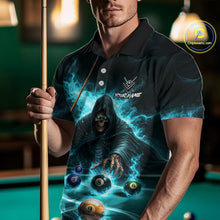 Load image into Gallery viewer, Turquoise Flaming Grim Reaper Billiard Shirt For Men Custom Pool Team Jersey Polo &amp; Quarter Zip TDM5740