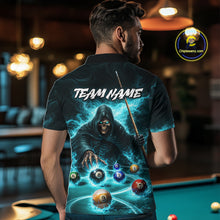 Load image into Gallery viewer, Turquoise Flaming Grim Reaper Billiard Shirt For Men Custom Pool Team Jersey Polo &amp; Quarter Zip TDM5740