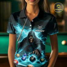 Load image into Gallery viewer, Turquoise Flaming Grim Reaper Billiard Shirt For Women Custom Pool Team Jersey Polo &amp; Quarter Zip TDM5740