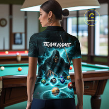 Load image into Gallery viewer, Turquoise Flaming Grim Reaper Billiard Shirt For Women Custom Pool Team Jersey Polo &amp; Quarter Zip TDM5740