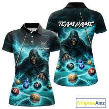 Load image into Gallery viewer, Turquoise Flaming Grim Reaper Billiard Shirt For Women Custom Pool Team Jersey Polo &amp; Quarter Zip TDM5740
