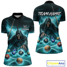 Load image into Gallery viewer, Turquoise Flaming Grim Reaper Billiard Shirt For Women Custom Pool Team Jersey Polo &amp; Quarter Zip TDM5740