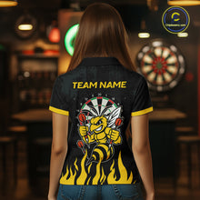Load image into Gallery viewer, Woman wearing black and yellow funny bee darts team jersey polo shirt featuring funny bee artwork, back view.