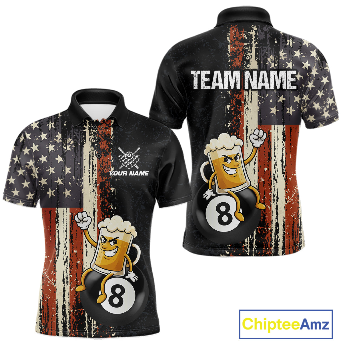 Vintage US Flag Funny Beer 8 Ball Billiard Shirt For Men Custom Pool Team Jersey Polo & 1/4 Zip TDM5948