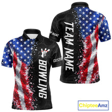 Load image into Gallery viewer, American flag bowling polo shirt for men with patriotic bowling team graphics.