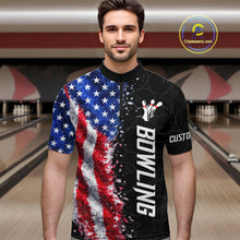 Load image into Gallery viewer, Man wearing an American flag bowling quarter zip jersey during league competition front view.