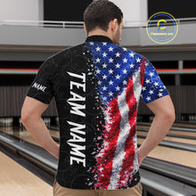 Load image into Gallery viewer, Back view of man wearing an American flag bowling quarter zip shirt in a bowling alley.